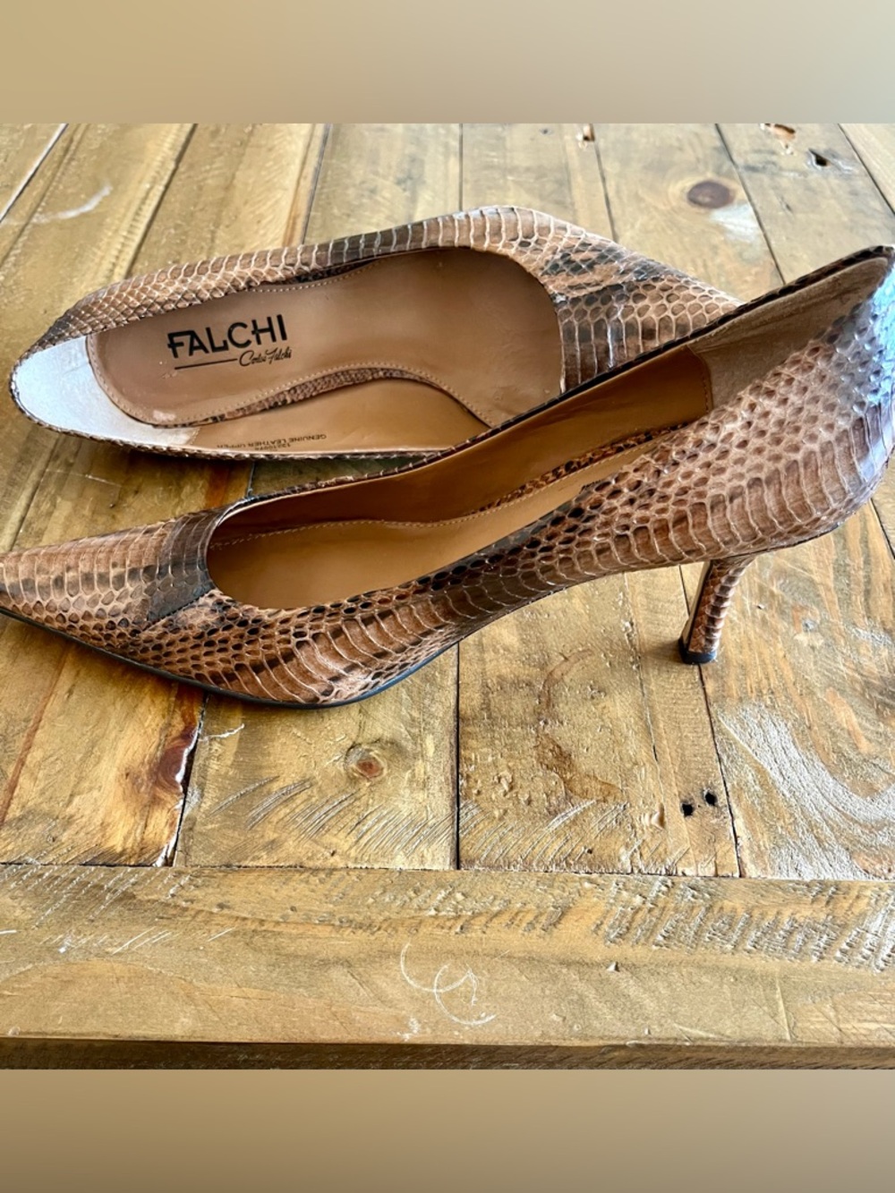 Carlos Falchi Vintage Brown Snake-Print Leather Pointed-Toe Pumps US 8